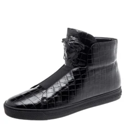 Versace Black Croc Embossed Leather Palazzo Medusa High Top Sneakers Size 44 For Men