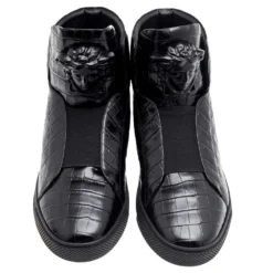 Versace Black Croc Embossed Leather Palazzo Medusa High Top Sneakers Size 44 For Men -Versace Official Website luxury men versace used shoes p603194 006