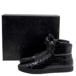 Versace Black Croc Embossed Leather Palazzo Medusa High Top Sneakers Size 44 For Men -Versace Official Website luxury men versace used shoes p603194 009