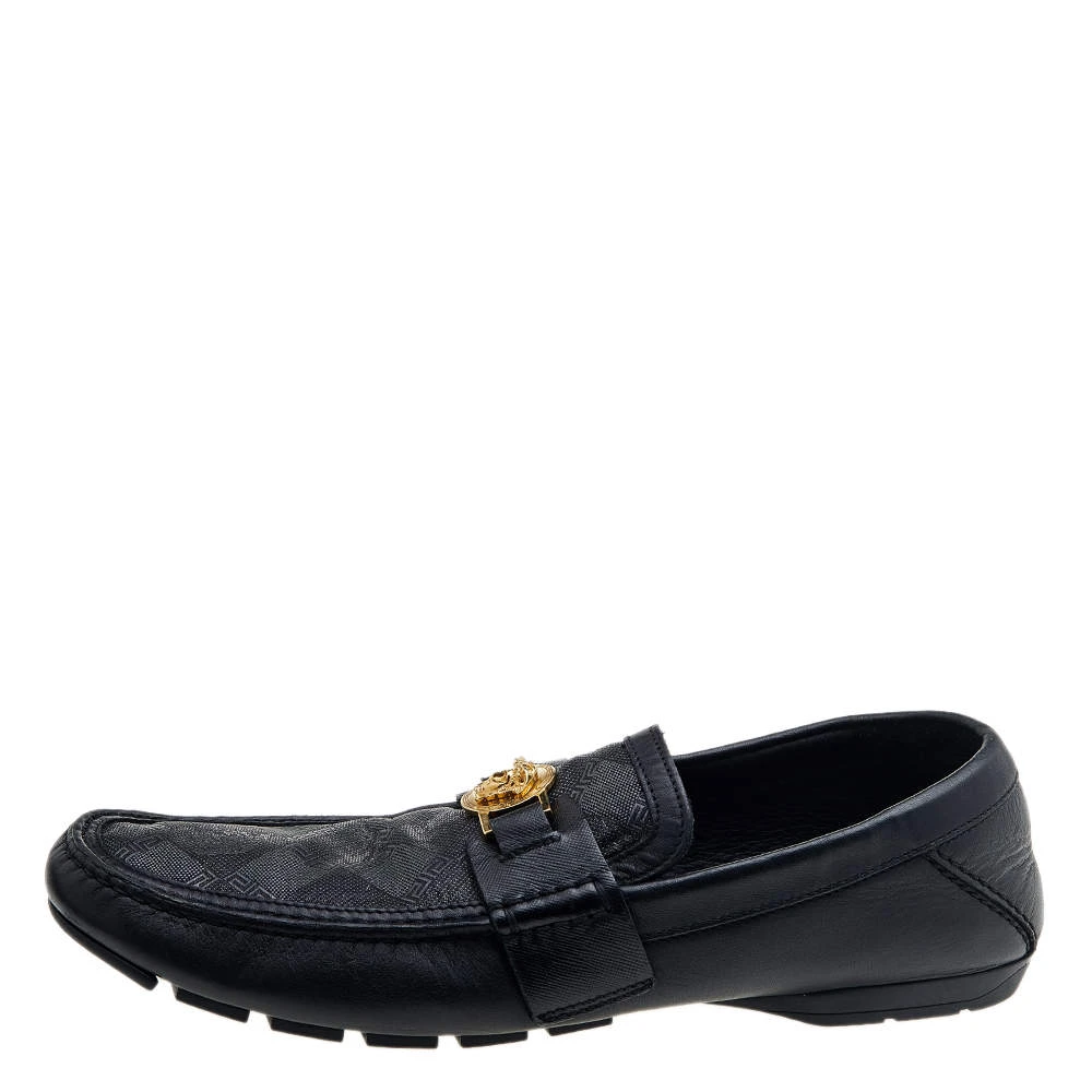 Versace Black Leather And Monogram Fabric Medusa Slip On Loafers Size 44 For Men 2 Versace Black Leather And Monogram Fabric Medusa Slip On Loafers Size 44 For Men - Image 2