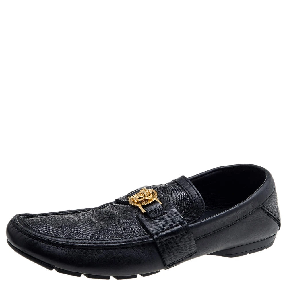Versace Black Leather And Monogram Fabric Medusa Slip On Loafers Size 44 For Men 1 Versace Black Leather And Monogram Fabric Medusa Slip On Loafers Size 44 For Men