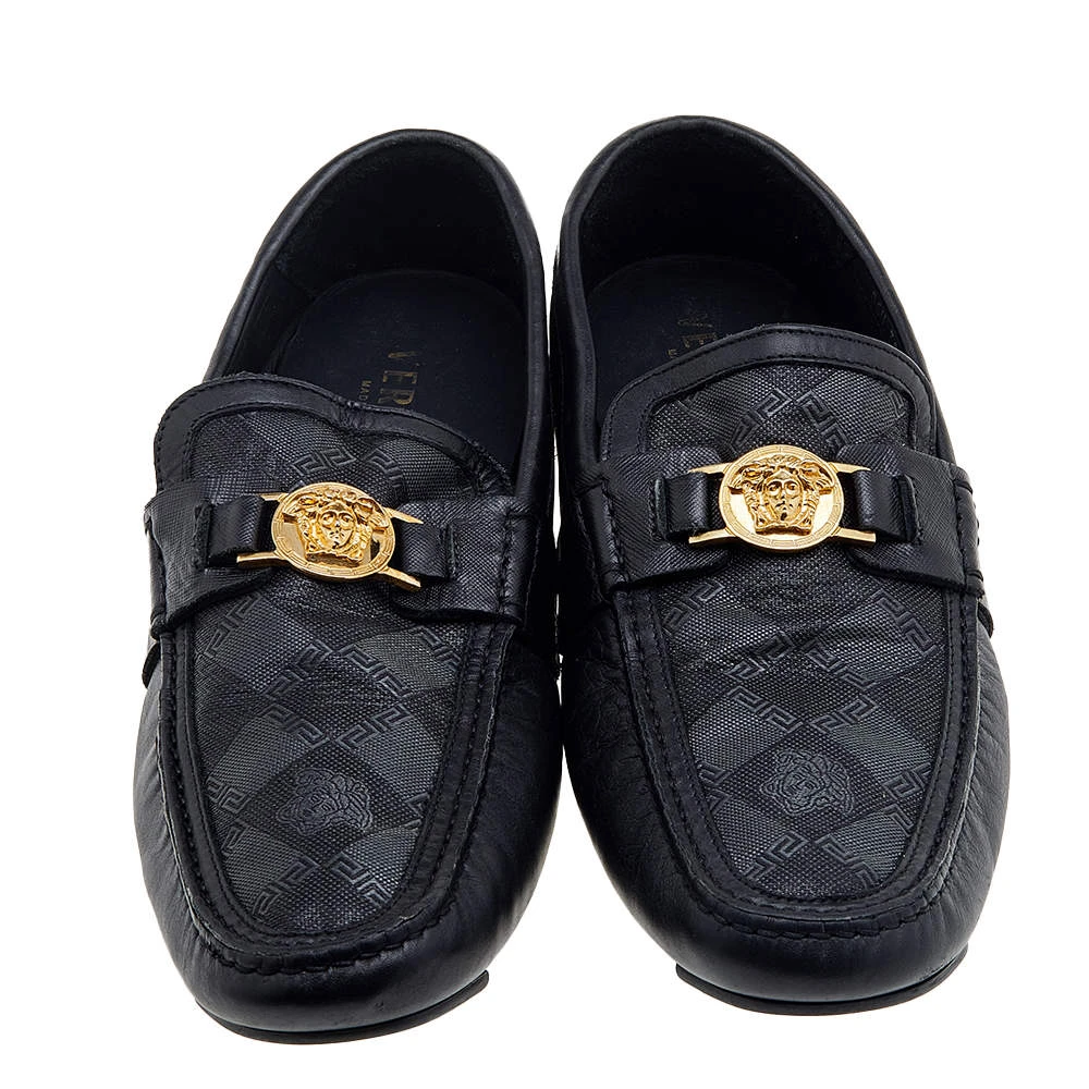 Versace Black Leather And Monogram Fabric Medusa Slip On Loafers Size 44 For Men 3 Versace Black Leather And Monogram Fabric Medusa Slip On Loafers Size 44 For Men - Image 3