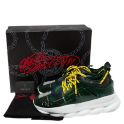 Versace Green Suede And Check Canvas Chain Reaction Sneakers Size 45 For Men -Versace Official Website luxury men versace used shoes p617296 010