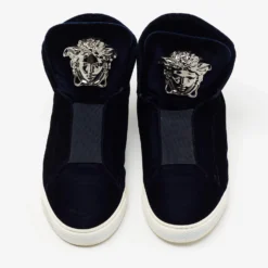Versace Navy Blue Velvet Medusa Slip On High Top Sneakers Size 44 For Men -Versace Official Website luxury men versace used shoes p674021 002
