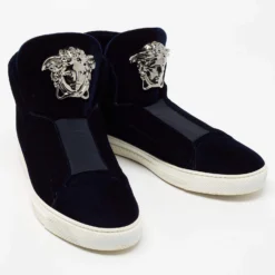 Versace Navy Blue Velvet Medusa Slip On High Top Sneakers Size 44 For Men -Versace Official Website luxury men versace used shoes p674021 005