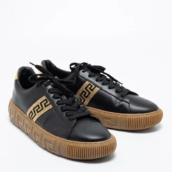 Versace Black/Gold Leather Greca Low Top Sneakers Size 45 For Men -Versace Official Website luxury men versace used shoes p686106 006