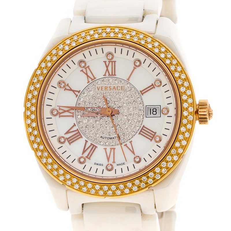 Versace White Mother Of Pearl Diamond Stainless Steel Ceramic Unisex Men's Wristwatch 40MM For Men 3 Versace White Mother Of Pearl Diamond Stainless Steel Ceramic Unisex Men's Wristwatch 40MM For Men - Image 3
