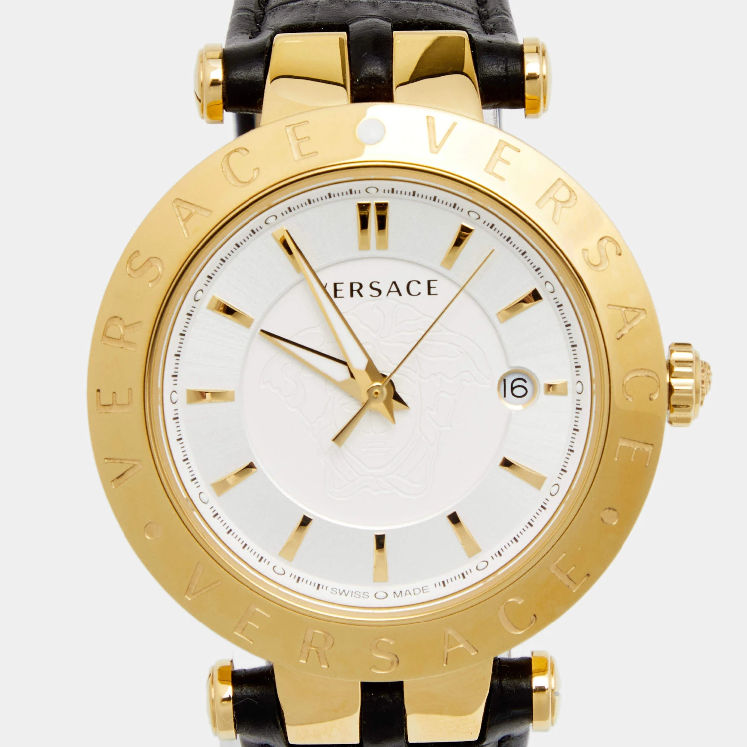 Versace Silver Gold Plated Stainless Steel Leather V-Race VPQ Men's Wristwatch 42 Mm For Men 3 Versace Silver Gold Plated Stainless Steel Leather V-Race VPQ Men's Wristwatch 42 Mm For Men - Image 3
