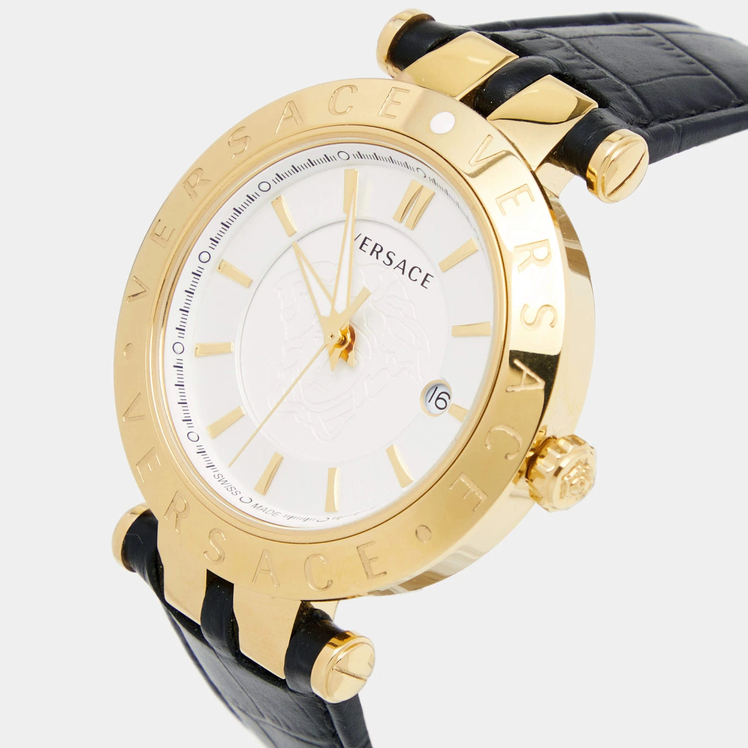Versace Silver Gold Plated Stainless Steel Leather V-Race VPQ Men's Wristwatch 42 Mm For Men 2 Versace Silver Gold Plated Stainless Steel Leather V-Race VPQ Men's Wristwatch 42 Mm For Men - Image 2