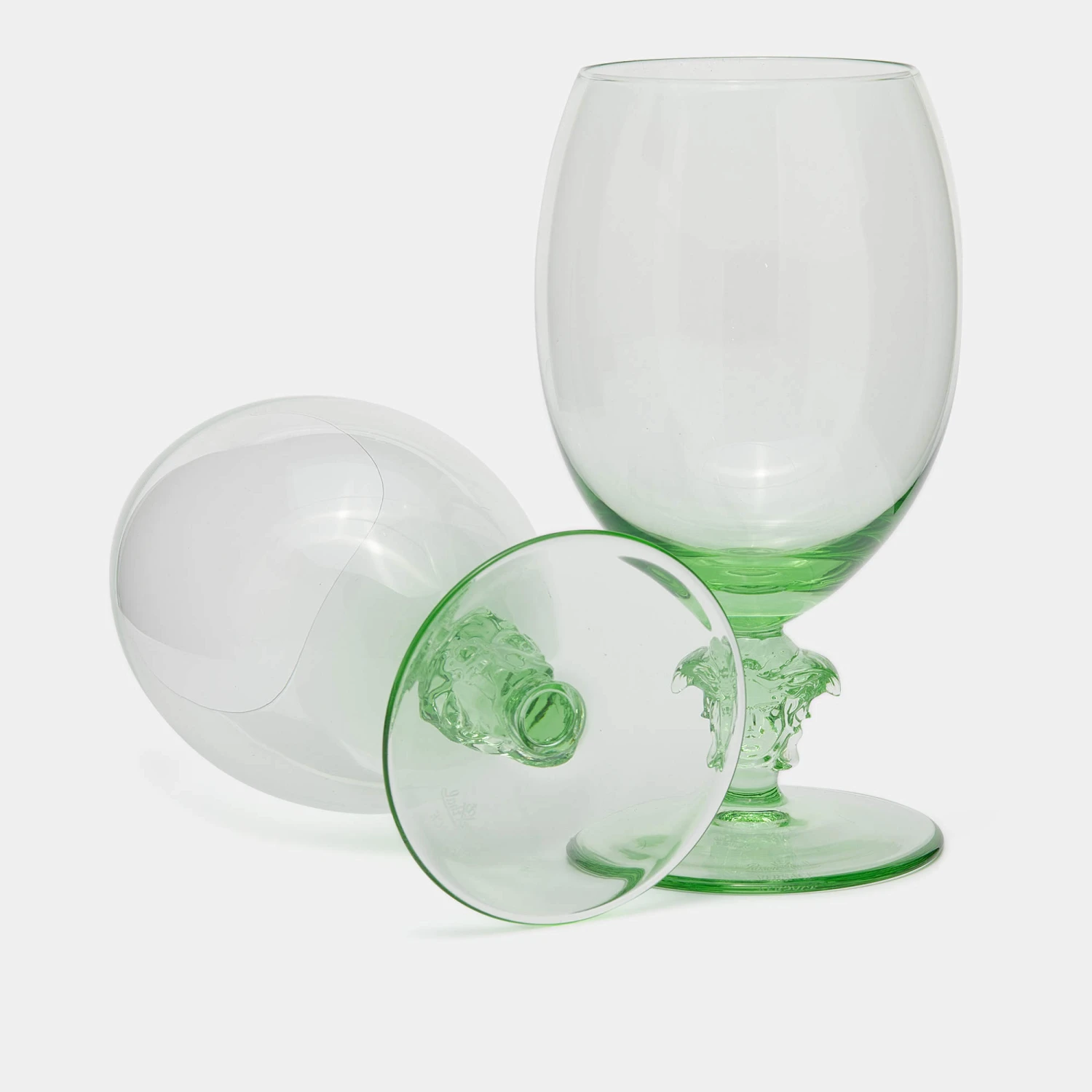 Versace X Rosenthal Medusa Lumiére Mint Tone Crystal Glass Wine Goblets Set Of 2 For Unisex 2 Versace X Rosenthal Medusa Lumiére Mint Tone Crystal Glass Wine Goblets Set Of 2 For Unisex - Image 2