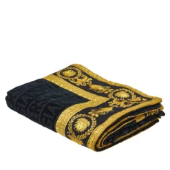 Versace Black Barocco Logo Terry Cotton Large Beach Towel For Unisex