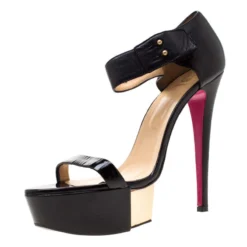 Versace Black Patent Leather And Leather Ankle Strap Platform Sandals Size 40 For Women