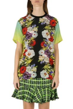 Versace Multicolor Floral Print Silk Ombre Sleeve Detail Crew Neck T Shirt M For Women -Versace Official Website luxury women used clothes p204084 002