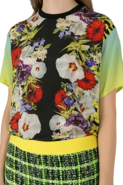 Versace Multicolor Floral Print Silk Ombre Sleeve Detail Crew Neck T Shirt M For Women -Versace Official Website luxury women used clothes p204084 004