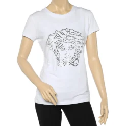 Versace White Crystal Medussa Head Embellished Knit T-Shirt L For Women