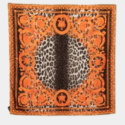 Versace Orange & Grey Baroque Animal Print Silk Scarf For Women