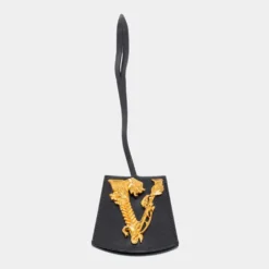 Versace Black Leather Key Bag Charm For Women