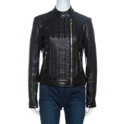 Versace Black Embossed Detail Leather Jacket M For Women