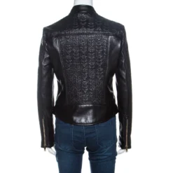 Versace Black Embossed Detail Leather Jacket M For Women -Versace Official Website luxury women versace new clothes p260665 007