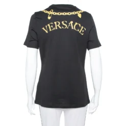 Versace Black Virtus Motif Printed Cotton Crewneck T-Shirt M For Women -Versace Official Website luxury women versace new clothes p381091 004