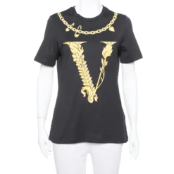 Versace Black Virtus Motif Printed Cotton Crewneck T-Shirt M For Women