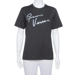 Versace Black Crystal GV Signature Embellished Cotton Crewneck T-Shirt M For Women