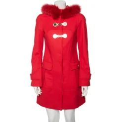 Versace Red Wool And Fur Trimmed Hooded Mid Length Coat S For Women