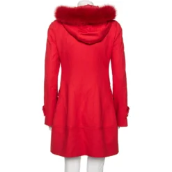 Versace Red Wool And Fur Trimmed Hooded Mid Length Coat S For Women -Versace Official Website luxury women versace new clothes p529220 005