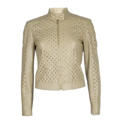 Versace Beige Eyelet Studded Leather Jacket S For Women