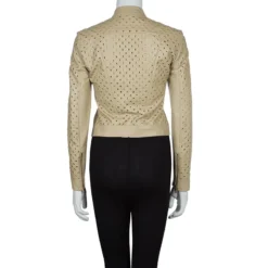 Versace Beige Eyelet Studded Leather Jacket S For Women -Versace Official Website luxury women versace new clothes p57525 003