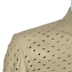 Versace Beige Eyelet Studded Leather Jacket S For Women -Versace Official Website luxury women versace new clothes p57525 005