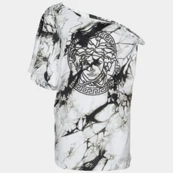 Versace Monochrome Tie-Dye Print Jersey Asymmetric T-Shirt L For Women