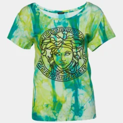 Versace Green Tie Dye Medusa Print Cotton Crew Neck T-Shirt L For Women