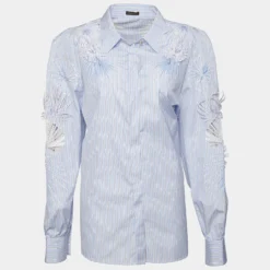 Versace Blue Striped Cotton Floral Applique Button Front Shirt M For Women