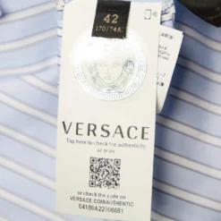Versace Blue Striped Cotton Floral Applique Button Front Shirt M For Women -Versace Official Website luxury women versace new clothes p690302 006