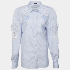 Versace Blue Striped Cotton Floral Applique Button Front Shirt L For Women