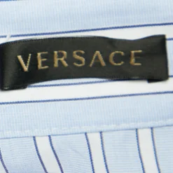 Versace Blue Striped Cotton Floral Applique Button Front Shirt L For Women -Versace Official Website luxury women versace new clothes p690306 006