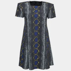 Versace Grey Snake Print Crepe Flared Mini Dress L For Women