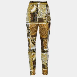 Versace Gold Barocco & Leopard Print Coated Knit Leggings L For Women