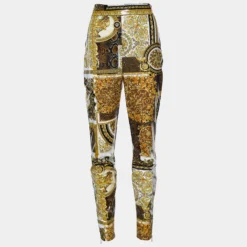 Versace Gold Barocco & Leopard Print Coated Knit Leggings S For Women