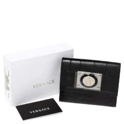 Versace Black Croc Embossed Leather Medusa Flap Compact Wallet For Women -Versace Official Website luxury women versace new handbags p308242 010
