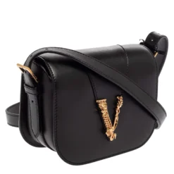 Versace Black Leather Small Virtus Saddle Bag For Women -Versace Official Website luxury women versace new handbags p384492 003