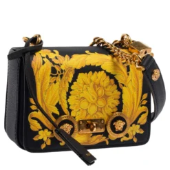 Versace Black/Yellow Baroque Print Leather Icon Shoulder Bag For Women -Versace Official Website luxury women versace new handbags p537199 003