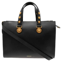 Versace Black Leather Tribute Medussa Studded Tote For Women -Versace Official Website luxury women versace new handbags p574655 002