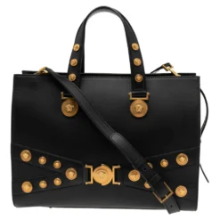 Versace Black Leather Tribute Medussa Studded Tote For Women