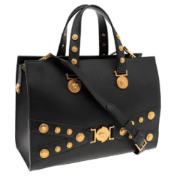 Versace Black Leather Tribute Medussa Studded Tote For Women -Versace Official Website luxury women versace new handbags p574655 007