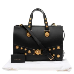 Versace Black Leather Tribute Medussa Studded Tote For Women -Versace Official Website luxury women versace new handbags p574655 008