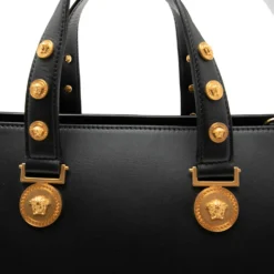 Versace Black Leather Tribute Medussa Studded Tote For Women -Versace Official Website luxury women versace new handbags p574655 012