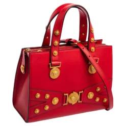 Versace Red Leather Tribute Medusa Studded Zip Tote For Women -Versace Official Website luxury women versace new handbags p574681 005