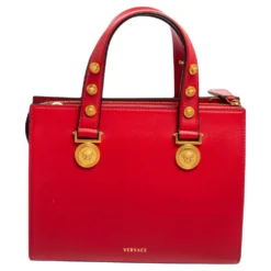 Versace Red Leather Tribute Medusa Studded Zip Tote For Women -Versace Official Website luxury women versace new handbags p574681 006